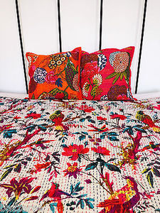 Edredón bordado de Kantha indio hecho a mano, colcha de algodón Reversible Gudri, ropa de cama con estampado de pájaros de tamaño Twin Queen, hoteles - Product Image 4