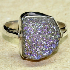 Púrpura Druzy piedra preciosa 925 plata esterlina hecho a mano diseñador anillo Unisex joyería para boda compromiso aniversario fiesta regalo - Product Image 5