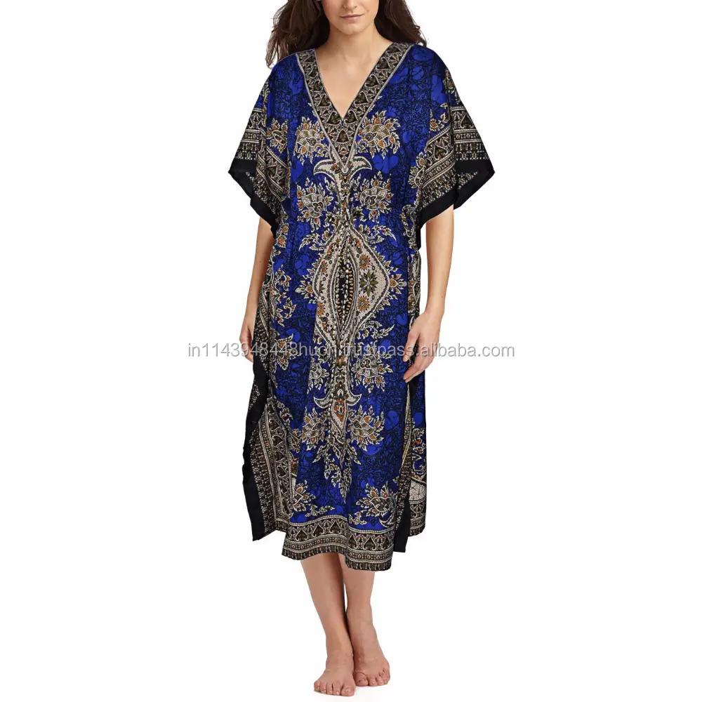 Kaftan elbise, süslenmiş viskon Georgette yılan baskı desen plaj/gündelik giyim