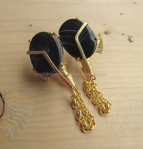 Black Agate Quartz Dangle <b>Earrings</b> with Gold <b>Chains</b>/Gemstone <b>Earrings</b>/Black Drop <b>Earrings</b> - Product Image 1