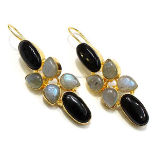 Pendientes de gota en forma de pera de labradorita de ónix negro con estilo Vintage hechos a mano, accesorio de moda - Product Image 1