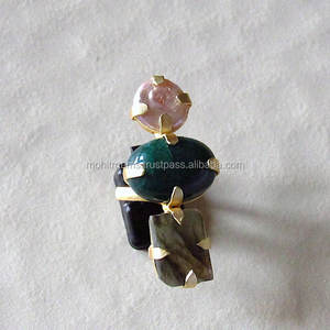 Classique 3-Stone Belle Labradorite et Perle Cocktail Anneau Élégant pour les Fêtes Anniversaires Fiançailles - Product Image 2