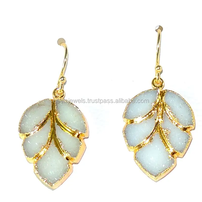 Natural White Druzy Earrings Gold Plated 925 Sterling Silver Handmade Wire Leaf White Druzy Feather Dangle Earrings for Women