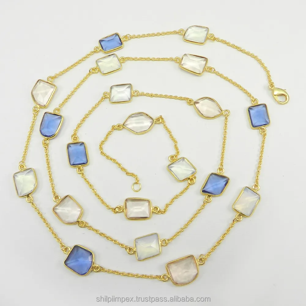 Opalite, blue quartz, pink quartz gemstone 18k gold plated long chain necklace, Online jewelry shopping