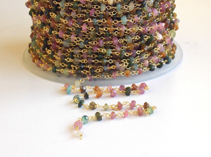 925 <b>Sterling</b> <b>Silver</b> Gold Plated <b>Wire</b> Wrapped Tourmaline Gemstone Rosary Chain - Product Image 3