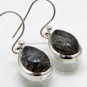 Pendientes de gota de Plata de Ley 925 al por mayor para mujer, accesorio de moda de piedras preciosas de rutilo negro Natural - Product Image 2