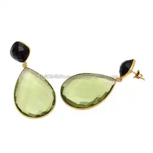 925 Sterling Silver Black Onyx & Green Amethyst Hydro Attractive Gemstone Earrings