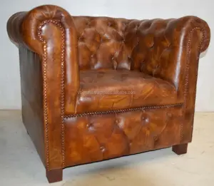 Sofá clássico vintage para sala de estar em couro genuíno, sofá individual, cor marrom escuro