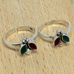Shri Ashapura Jewels Designer Red Onyx_Green Onyx_White CZ 925 Sterling <b>Silver</b> Bezel Set Bohemian <b>Toe</b> <b>Rings</b> for Women/Unisex - Product Image 2