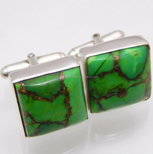 Gemstone de Cobre Turquesa y Plata de Ley 925 para Gemelos de Camisa, Gemelos Lisos y con Tachuelas, Joyería para Hombre - Product Image 6