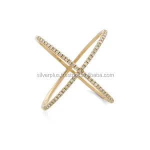 18kt Solid Yellow Gold Pave Diamond Cross X Ring Gold Diamond Jewelry Manufacturer supplier Bijoux Joyas minimalist band