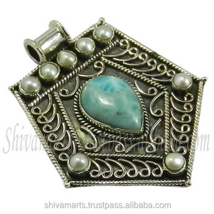 Pendentif multi-pierres véritables en perles de Larimar fait à la main en argent sterling 925 Pendentifs et breloques pour bijoux fins Fournisseur - Product Image 2