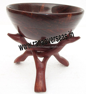 ชามเสิร์ฟไม้ขัดเงาทรงกลมแบบเป็นมิตรกับสิ่งแวดล้อม พร้อมขาตั้งสามขา สไตล์โบราณ งานศิลปะและของสะสม - Product Image 3