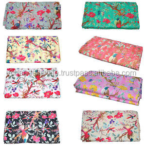 Indian Bird Floral Queen Size Bedspread Kantha Quilt Throw Kantha <b>Stitch</b> Cotton Blanket Bedding <b>Bed</b> <b>Cover</b> Hand Quilted Blanket - Product Image 3