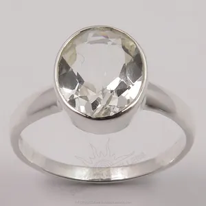 Online Semua ukuran kustom toko grosir 925 murni perak kristal asli kuarsa Oval batu permata segi buatan tangan cincin wanita
