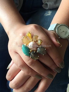 Anillos de cóctel chapados en oro de 22 quilates, Blanco, Negro, arcoíris, Ojo de Tigre, otras piedras, fiestas clásicas de moda, hechas de acero inoxidable - Product Image 2