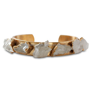 Bracelets et joncs ajustables en pierre de quartz brute naturelle vintage plaqués or - Cadeau - Product Image 3
