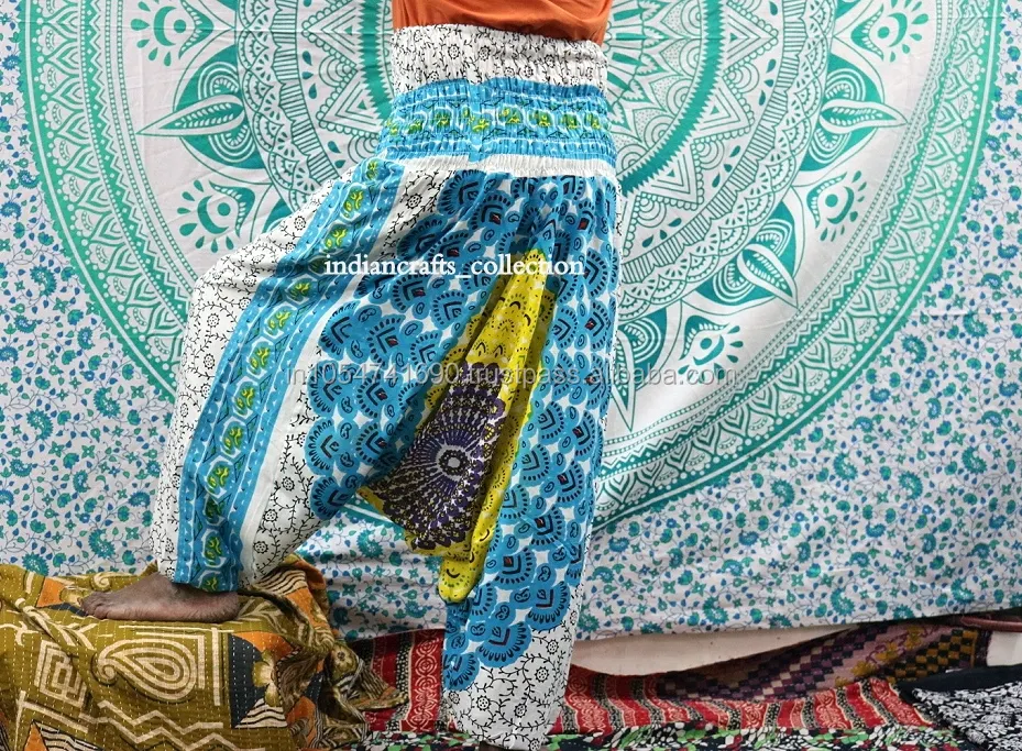 Pantalones de rayón con plumas de pavo real para mujer, pantalón Hippie, gitano, holgado, informal, de Yoga, Harem, indio