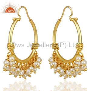 Gold Plated Traditional Hoop <b>Earrings</b> Natural Pearl Gemstone <b>Earrings</b> Handmade Fashion Brass Jewelry - Product Image 1