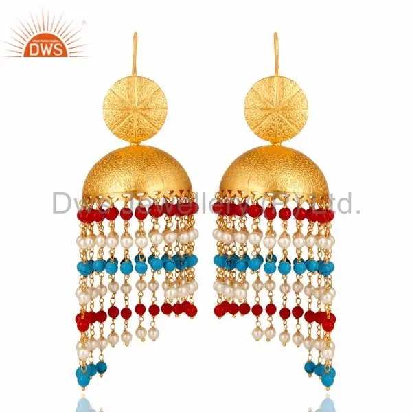 Wholesaler of Traditional Ethnic Red Coral & Pearl Gemstone Jhumkas Gold Plated Brass South Indian Earring Jewelry