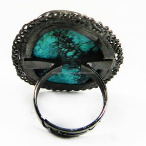 Estilo Vintage de rutenio plateado Natural turquesa tibetana anillo de piedras preciosas anillo ajustable IG3083 - Product Image 3