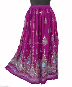 handwork Rayon Skirt Boho Hippie Casual Sequin Work Long Embroidered Skirts Wrap Tribal Peasant Sequin Gypsy Indian women wear