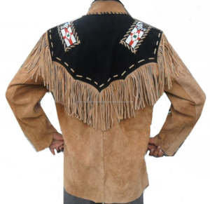 Shemax Western Leather <b>Jacket</b> Brown with Black Patch Fringed & Beads - Product Image 2