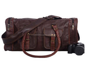 Bolso cilíndrico de gimnasio de lona marrón oscuro de cuero genuino 100% hecho a mano para hombres y mujeres bolso de fin de semana durante la noche bolso de hombro tipo bandolera - Product Image 1