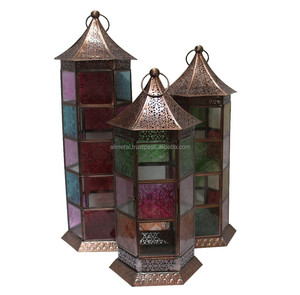 GLASS METAL <b>LANTERN</b> <b>COPPER</b> ANTIQUE MOROCCAN <b>LANTERN</b> S/3 - Product Image 1