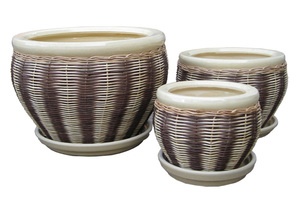 Rustic Woven Rattan Flower Pot Ceramic Inner <b>Planter</b> Durable Outdoor Garden Decor Natural Brown Gray Weave Pattern Drainage Hole - Product Image 5