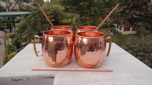 Handcrafted Hammered Drinking Mug Pure Copper Solid Beer Mugs Wine <b>Tumbler</b> Cups <b>With</b> 2 Cocktail Copper <b>Straws</b> - Product Image 2