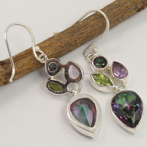 Pendientes de Plata de Ley 925 con Múltiples Piedras Preciosas Religiosas, con Engaste de Bisel, Cuarzo Místico, Amatista, Peridoto, para Mujer - Product Image 2