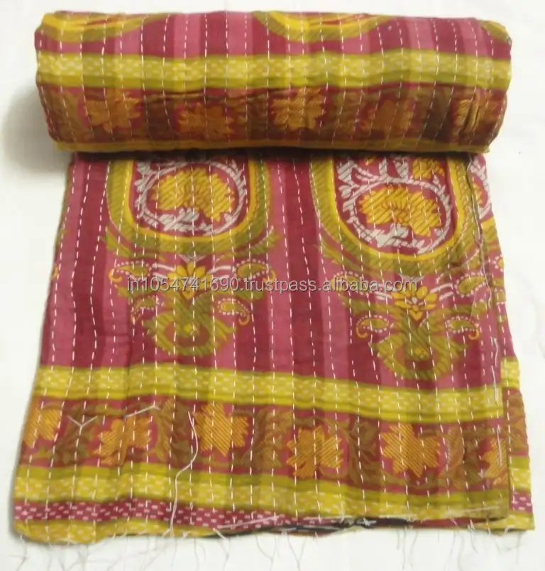 ดู Vintage Handmade Kantha Quilt คุณภาพดีมือเย็บอินเดียขายส่งผ้าฝ้าย Kantha ผ้าห่ม/ผ้าห่ม