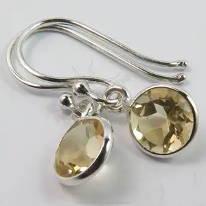 宝石小可爱天然黄水晶圆形吊饰镶嵌925实心纯银简单女式耳环批发