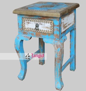<b>Rustic</b> Distressed Wooden <b>Bedside</b> Nightstand 1 Drawer Turquoise Blue Antique Bedroom Side <b>Table</b> End <b>Table</b> For Hotel Living Room - Product Image 3