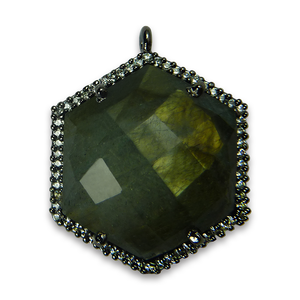 Pendentifs breloques en argent sterling avec pavé de labradorite grise hexagonale, sertis clos, plaqués or rhodié - Product Image 3