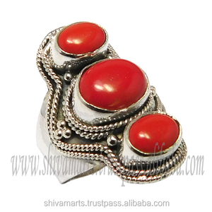 Fancy Shape 925 Sterling <b>Silver</b> Coral Gemstone Fine Jewelry <b>Ring</b> with Bezel Setting for Weddings <b>Eternity</b> Vermeil - Product Image 2