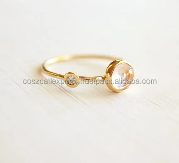 Diamond Rose Quartz Double Stone Orbit Yellow Gold Engagement Stackable Wedding Ring,