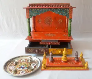 漂亮的手绘木神庙pooja mandir，带2个抽屉，高品质手工雕刻木神庙，用于办公室