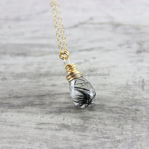 จี้ห้อยคอรูปหยดน้ำอัญมณีควอตซ์สีดำประดับเพชรสำหรับงานปาร์ตี้งานลวดดีไซน์แบบพันรอบ - Product Image 3