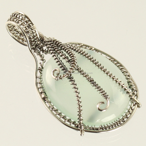Bijoux en argent sterling massif 925, pendentif antique, pierre précieuse naturelle AQUA CHALCEDONY, sertissage circulaire, forme poire, bijoux fins - Product Image 1