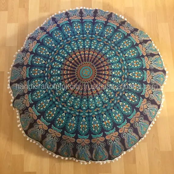 Màu Xanh Mandala Tấm Thảm Pouf Bìa Ấn Độ Vòng Pouf Bìa Bông Gối Trường Hợp Trang Trí Ottoman Bìa 30 ''SSTH54