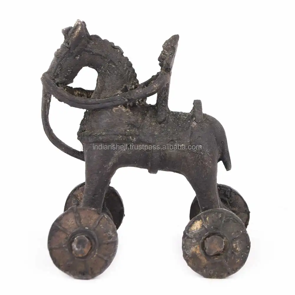 Indische Handgemachte Antike Bronze Messing Pferd Auf Rad Tempel Spielzeug 9x6 cm Antike Bronze Horse Statue
