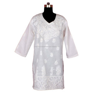 DRL029 Tunique de coton indien Kurta longue brodée de poulet Top floral pour les vacances Taille S, M, L, XL, XXL Western Party Wear - Product Image 1