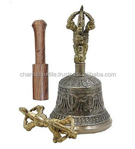 Cloches chantantes tibétaines - Cloche tibétaine avec dorje et batteur - Bronze antique - Qualité supérieure - Son vibrant long - Ensembles de cloches tibétaines - Product Image 1