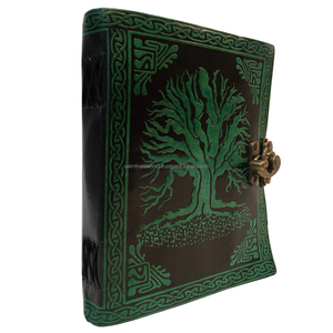 Diseño de árbol de la vida ecológico hecho a mano de comercio justo, diarios de cuero genuino en relieve, libros de notas, verde con negro con páginas blancas en blanco - Product Image 2