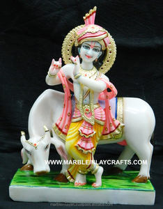 Krishna en marbre blanc, Statue de vache - Product Image 1