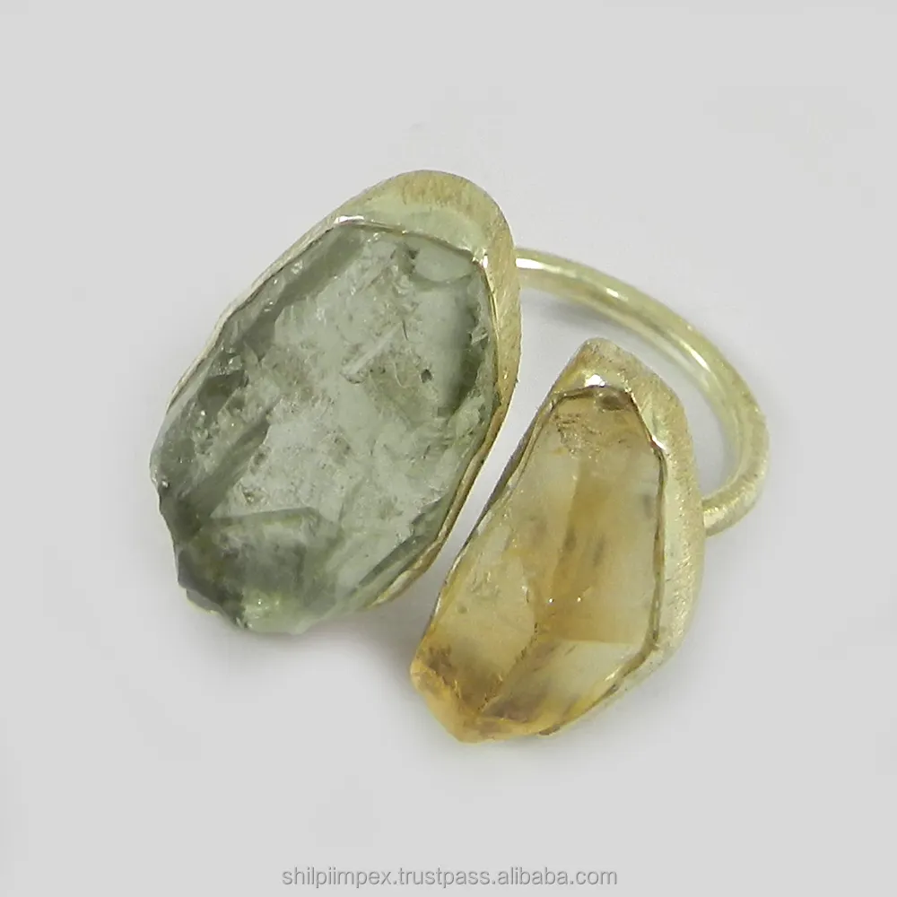 Natural green amethyst & citrine rough gemstone 925 sterling silver designer bezel set adjustable ring