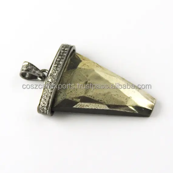 Pave Diamond Naturale della Pirite A Forma di Freccia Sterling Silver Triangle Fatti A Mano punta di Freccia pendente della pietra preziosa