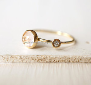 Diamante rosa cuarzo doble piedra Orbit oro amarillo compromiso anillo de boda apilable, - Product Image 2